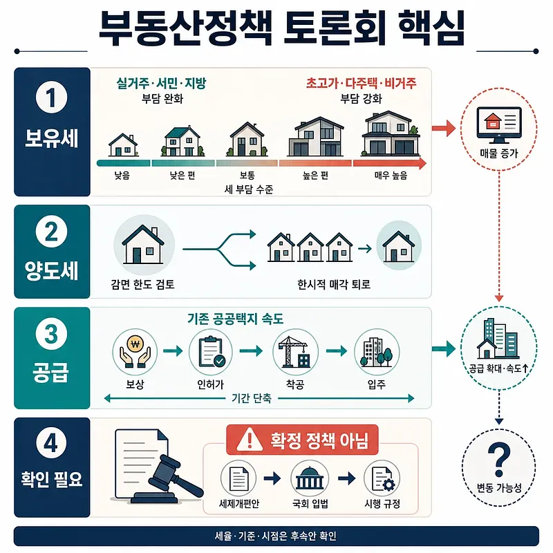 Infografía con cuatro ejes de política inmobiliaria: tenencia, plusvalías, oferta y confirmación