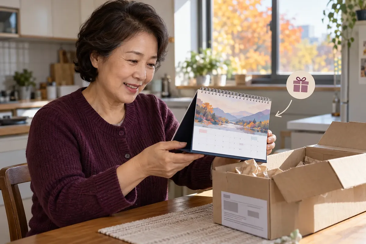 An older woman in a plum cardigan smiles while holding a desk calendar beside an open shipping box at a kitchen table.