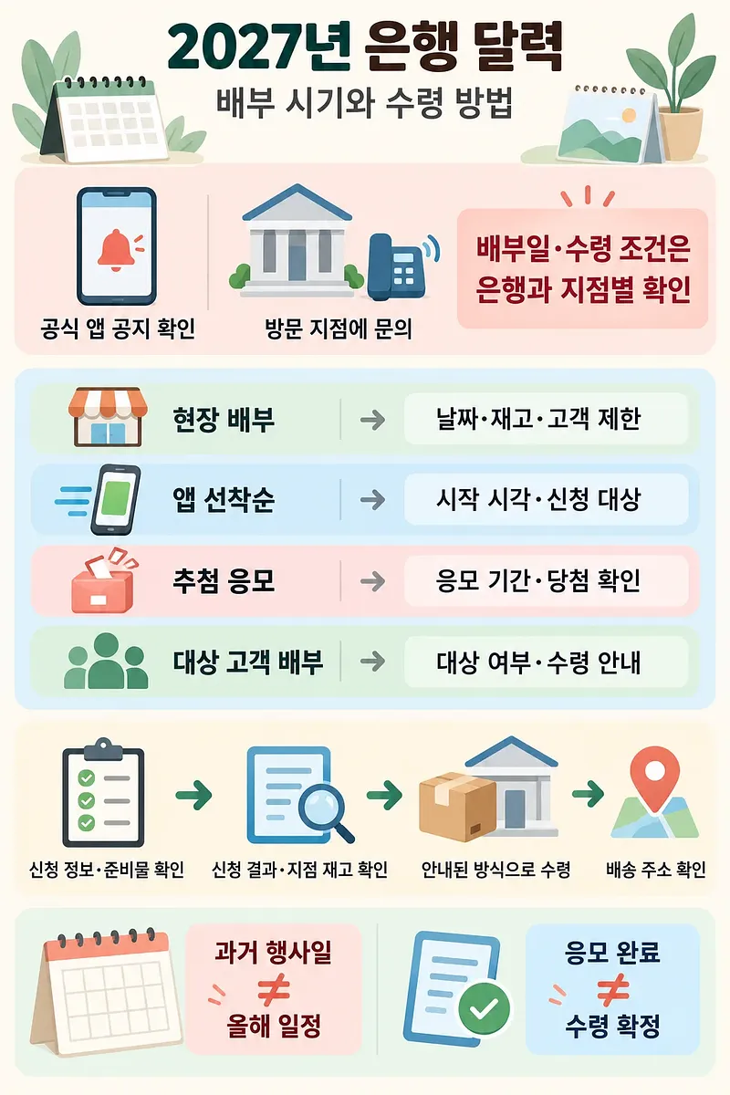 2027년 은행 달력의 배부 유형별 확인 사항과 수령 절차, 신청 시 주의점을 정리한 인포그래픽