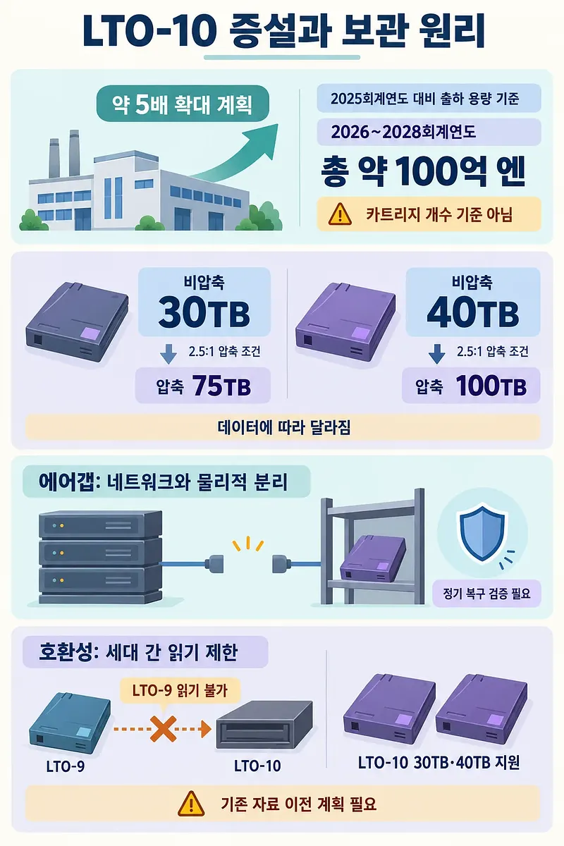 LTO-10 증설 계획, 비압축 30·40TB 용량, 에어갭과 LTO-9 읽기 제한을 정리한 인포그래픽