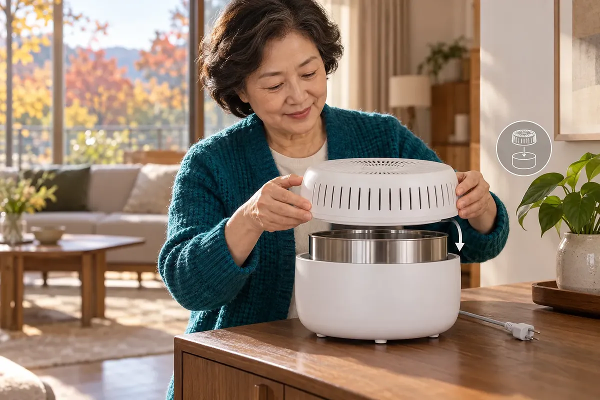 青緑色のカーディガンを着た年配の女性が、電源プラグを抜いたスチーム式加湿器にふたを取り付けている。