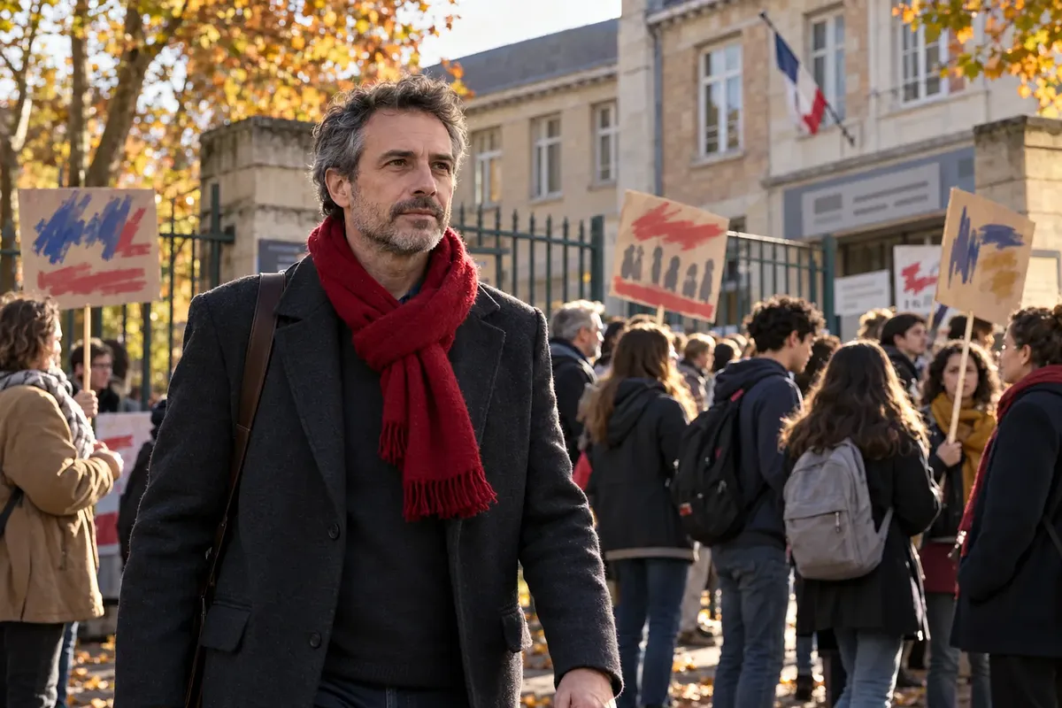 フランスの学校前でプラカードを掲げる人々を背に、濃い色のコートと赤いマフラーを着けた中年男性が歩く。