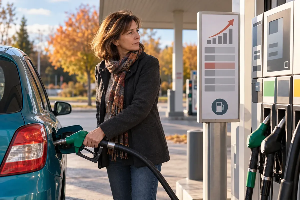 A middle-aged woman refuels a teal hatchback while looking toward the petrol pump.