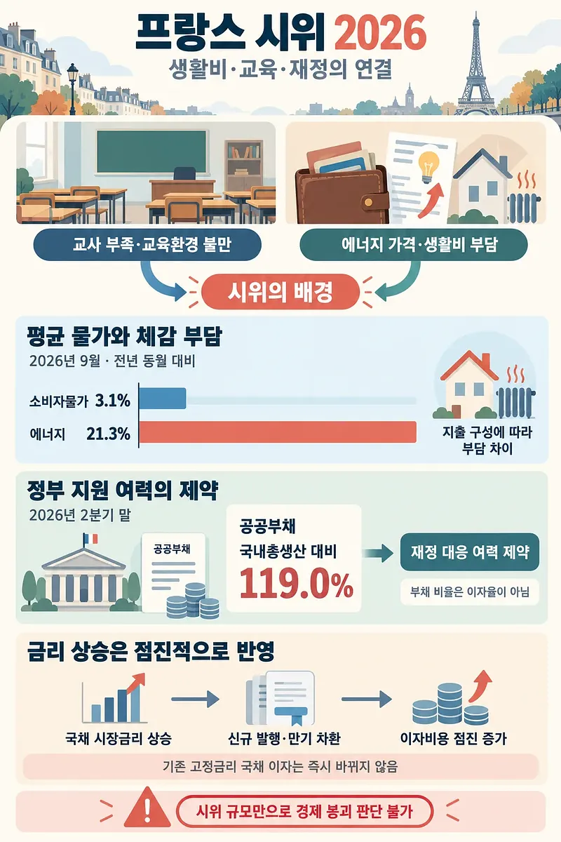교육 불만과 생활비 부담, 물가·공공부채 수치, 이자비용 증가 경로를 정리한 2026년 프랑스 시위 인포그래픽