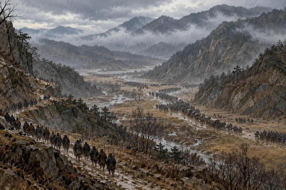 Soldados bajan por un sendero mientras jinetes y carros recorren caminos fangosos en un valle lluvioso.