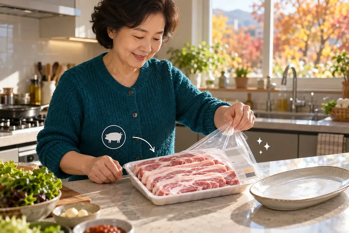 Una mujer con chaqueta de punto verde azulado retira el film de una bandeja de panceta gruesa en su cocina.