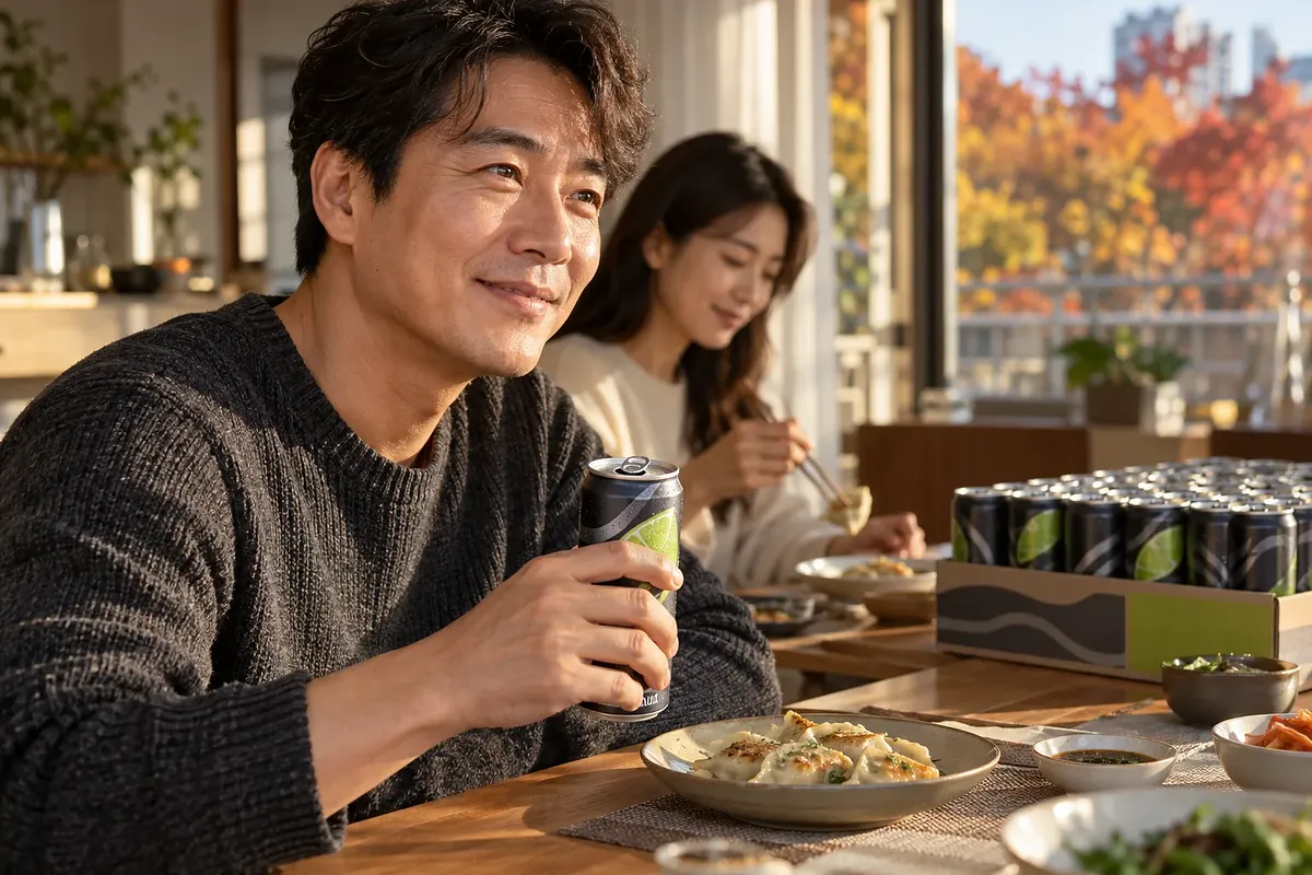 A smiling man holding a lime cola can at a table with dumplings and a bulk tray of cans