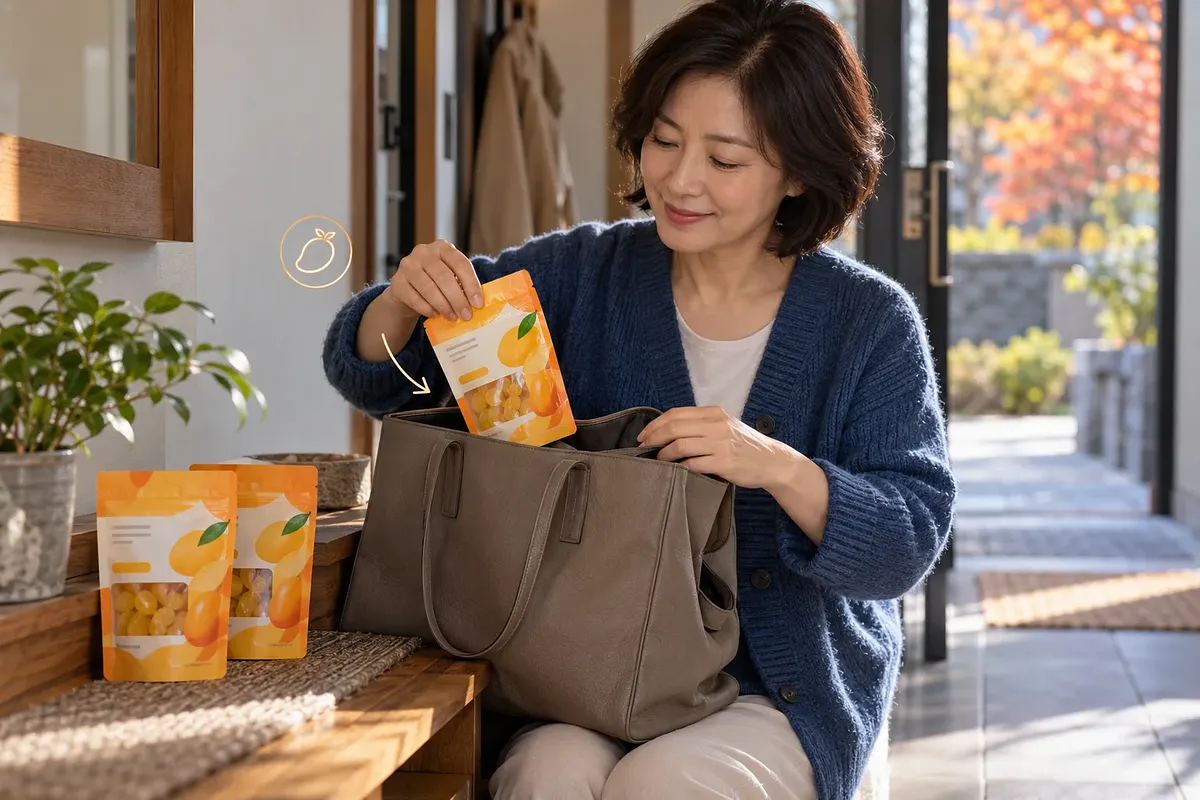 파란 카디건을 입은 여성이 망고젤리 한 봉지를 가방에 넣고 있으며, 나무 벤치에는 같은 봉지 두 개가 놓여 있습니다.