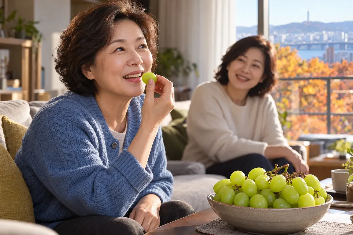 ソファに座った年配の女性が笑顔で緑のブドウを口元に持ち、そばには別の女性とブドウを盛った器がある。