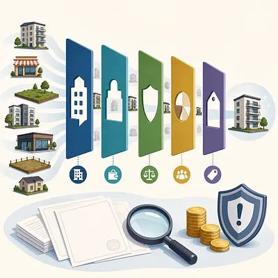 Five property panels with buildings, documents, a magnifier, coins, and a shield
