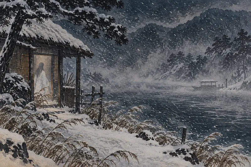 吹雪の夜、川辺の小屋の戸口に白い衣の女が立ち、対岸には渡し舟が留まっている。