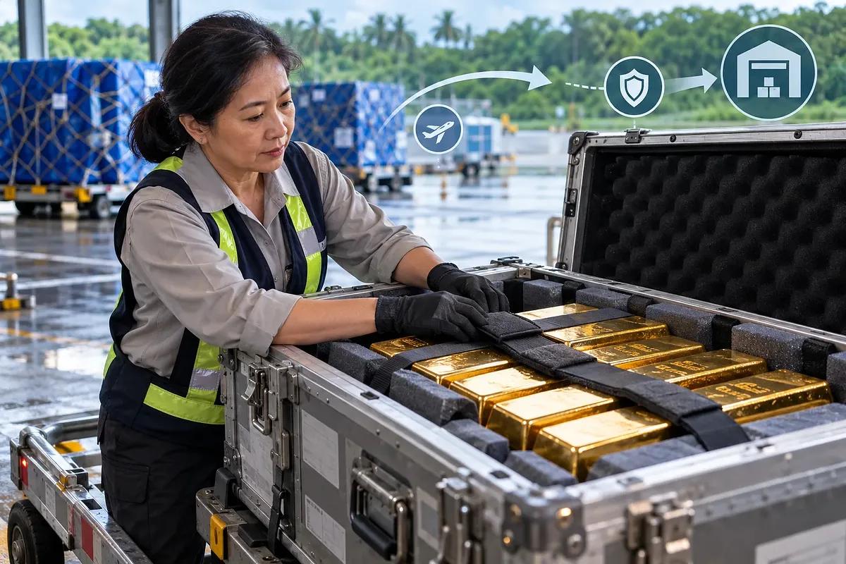 A female cargo worker checks straps securing gold bars inside an open transport case in an air-cargo area.