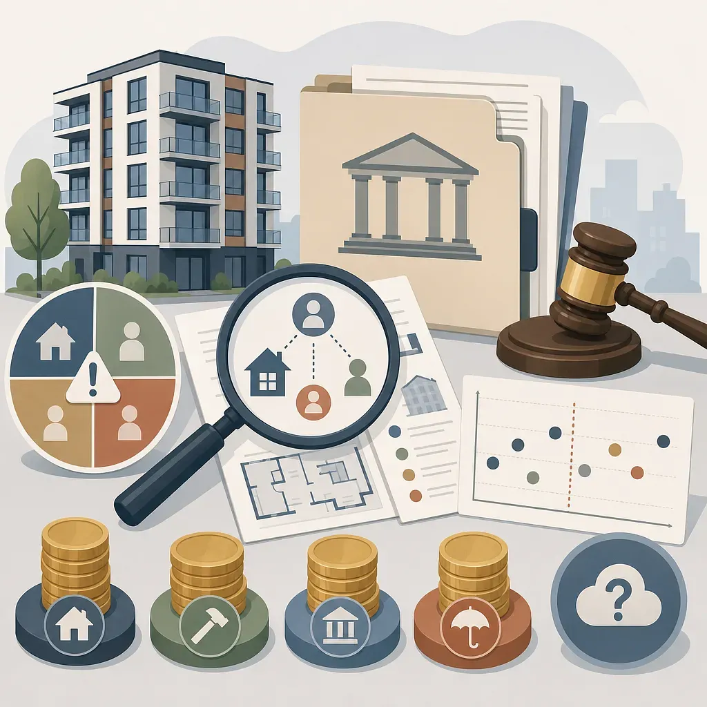 Apartment, court files, gavel, magnifying glass, charts, and coins for property auction analysis
