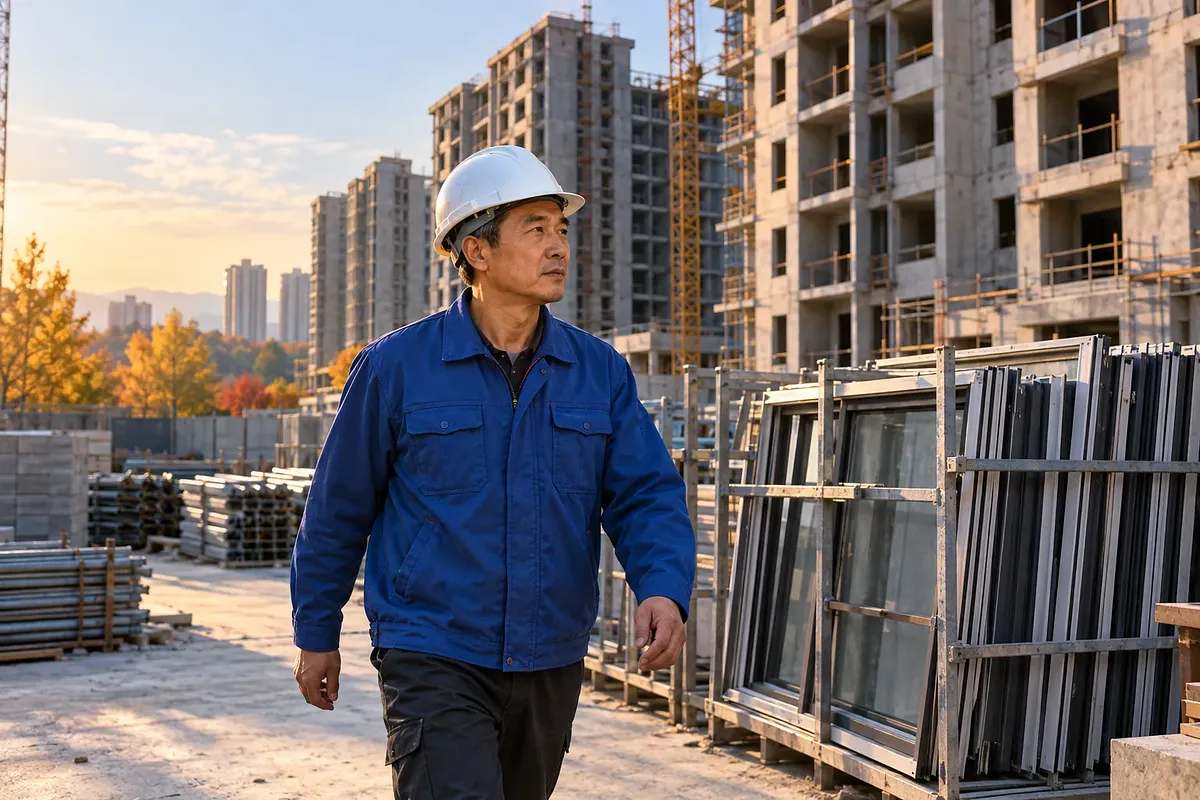 A worker in a white hard hat walks past stored window frames at an unfinished housing site in China.