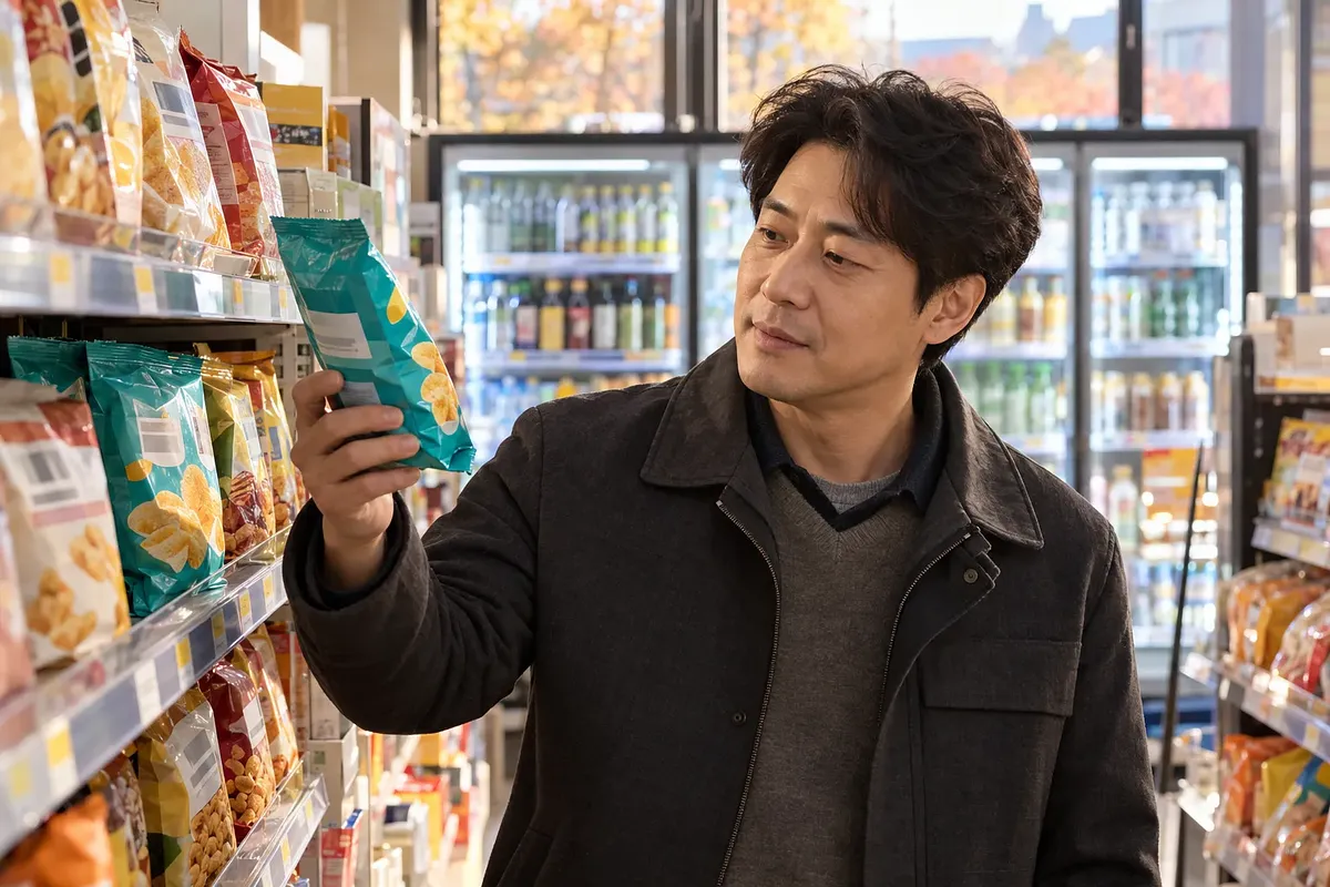 A middle-aged man in a dark jacket examines a teal snack bag beside a convenience store shelf.