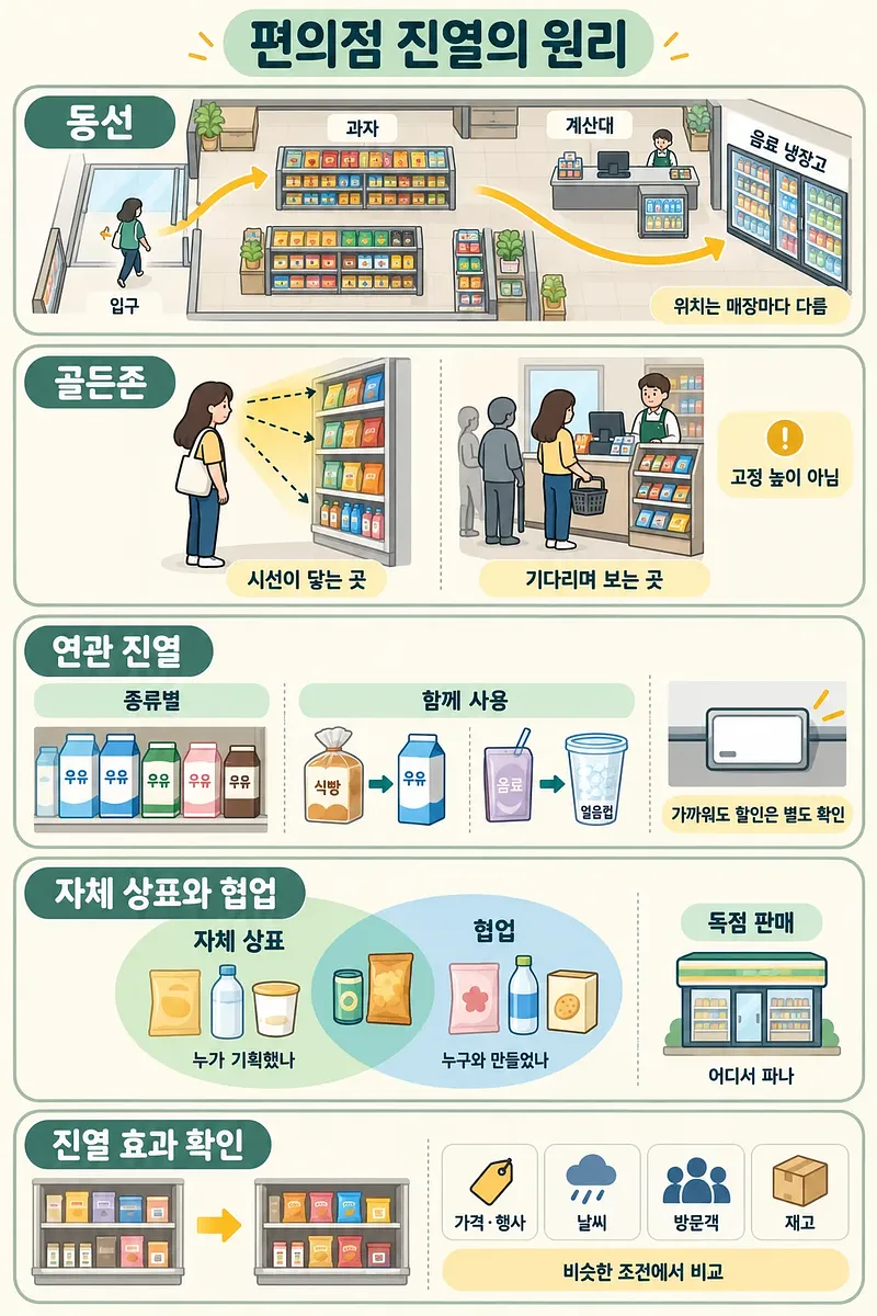 편의점 동선, 골든존, 연관 진열, 자체 상표와 협업의 구분, 진열 효과 비교를 정리한 인포그래픽