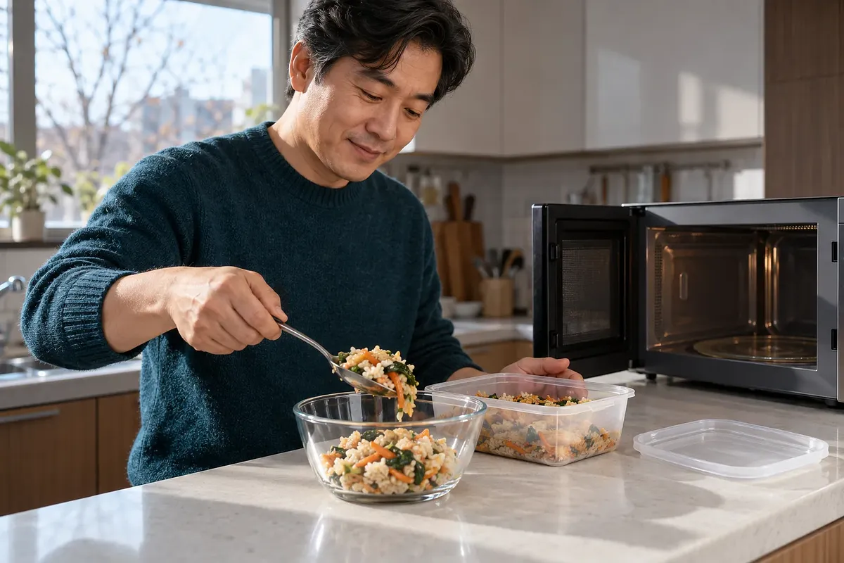開いた電子レンジの横で、男性がプラスチック容器のご飯と野菜をガラスのボウルに移している。