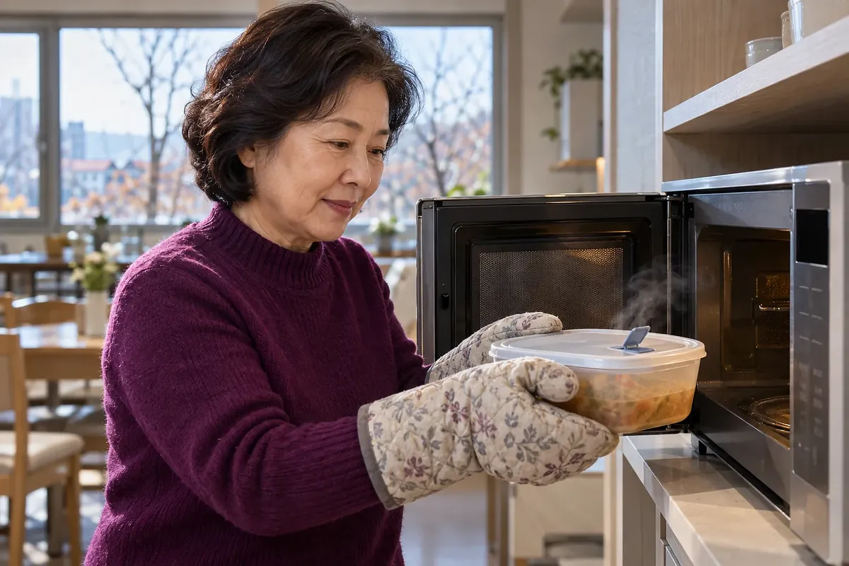 여성이 양손에 오븐 장갑을 끼고 뚜껑의 증기 배출구가 열린 음식 용기를 전자레인지에서 꺼내고 있다.