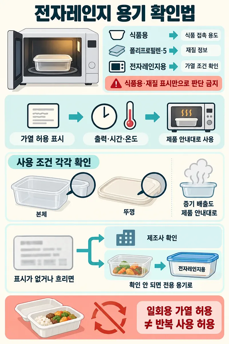 식품용·PP 표시의 의미, 가열 조건 확인 절차, 본체와 뚜껑 점검, 일회용 재사용 주의를 정리한 전자레인지 용기 안내
