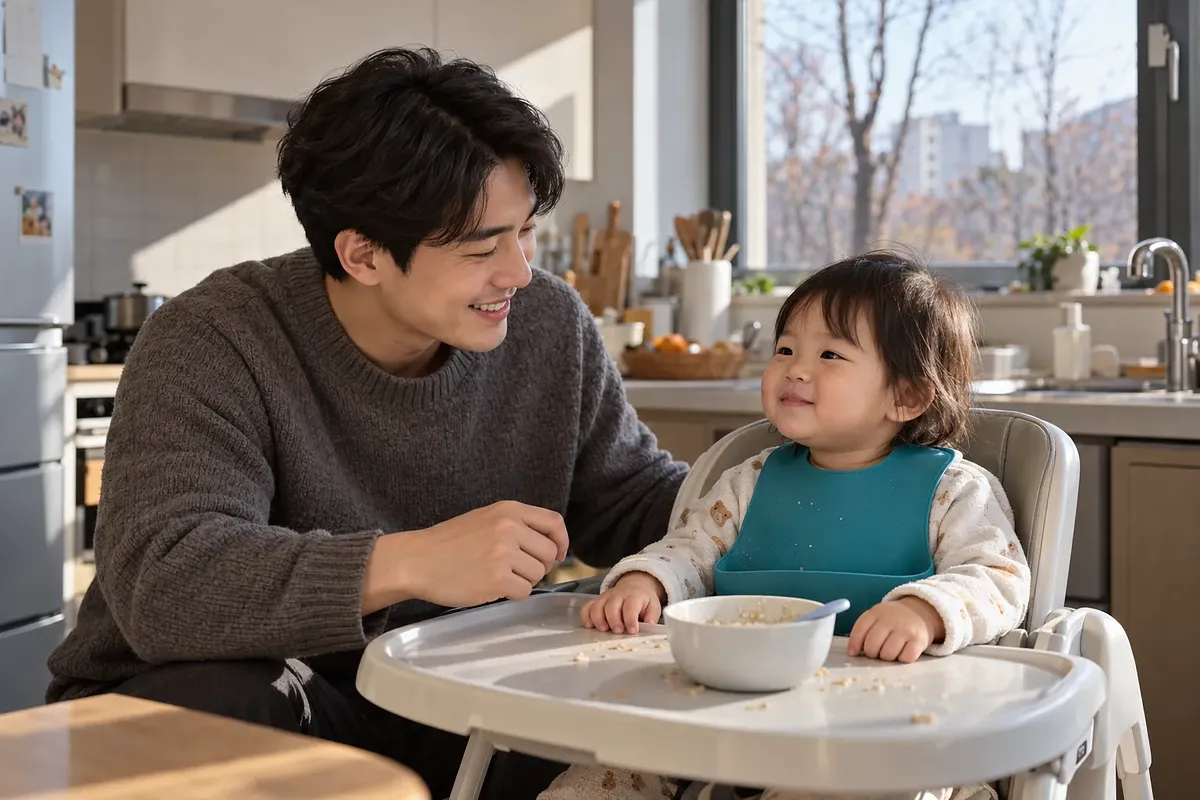 햇살이 드는 주방에서 아빠와 유아용 식탁 의자에 앉은 아이가 음식이 남은 그릇을 앞에 두고 미소 짓고 있다.