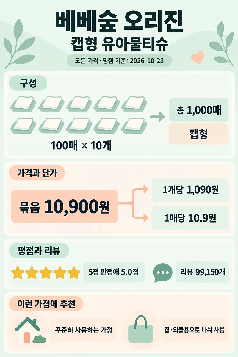 베베숲 오리진 캡형 물티슈 100매 10개 구성과 가격, 별점 5점을 정리한 인포그래픽