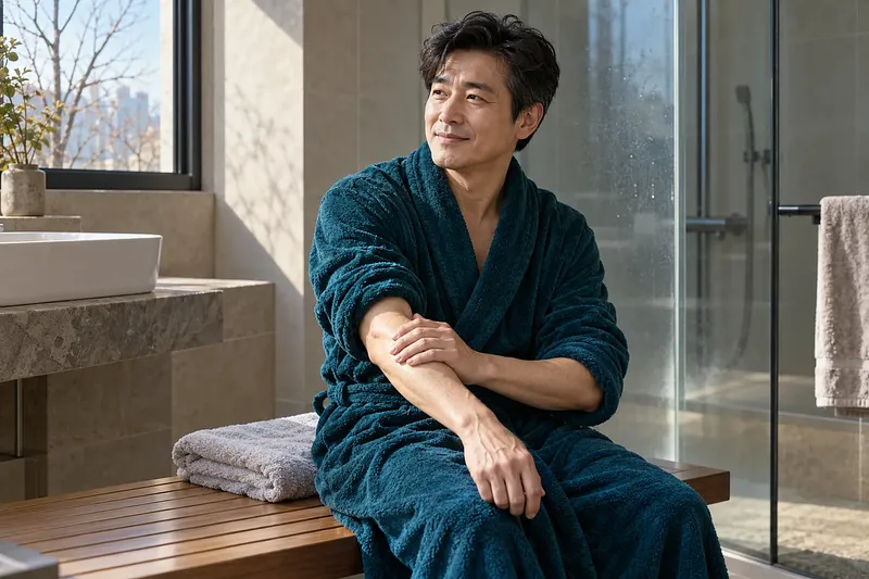 짙은 청록색 목욕가운을 입은 남성이 욕실 벤치에 앉아 반대쪽 팔뚝에 손을 얹고 은은하게 미소 짓고 있다.