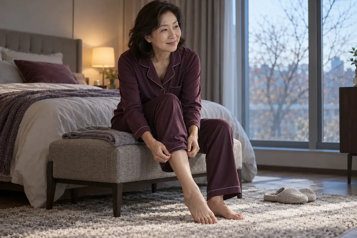 자주색 잠옷을 입은 중년 여성이 침실 벤치에 앉아 미소 지으며 바지 밑단을 정리하는 모습