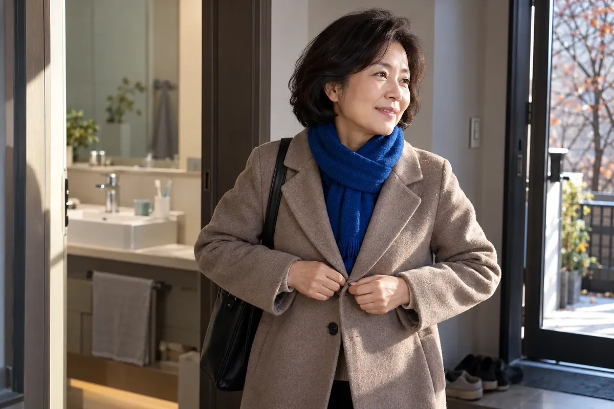 A woman buttons her coat by the front door, with a bathroom sink and toothbrushes visible behind her.