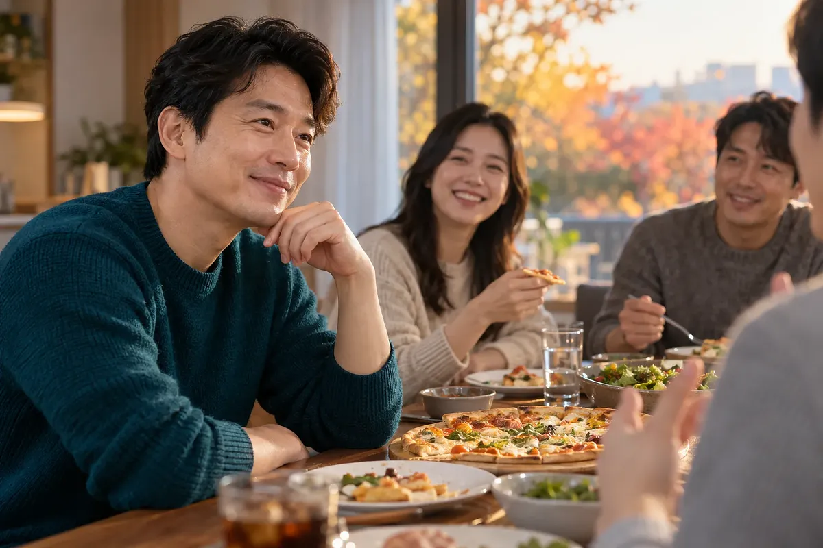 自宅の食卓でピザやサラダを囲み、友人の話を聞きながらほほ笑む男性
