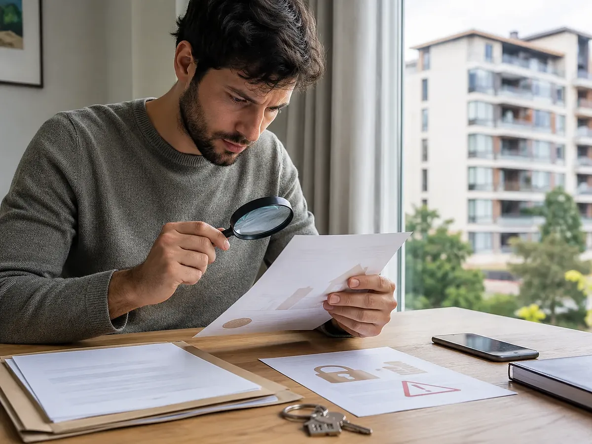 Man at a table examining property papers with a magnifying glass, with an apartment building outside