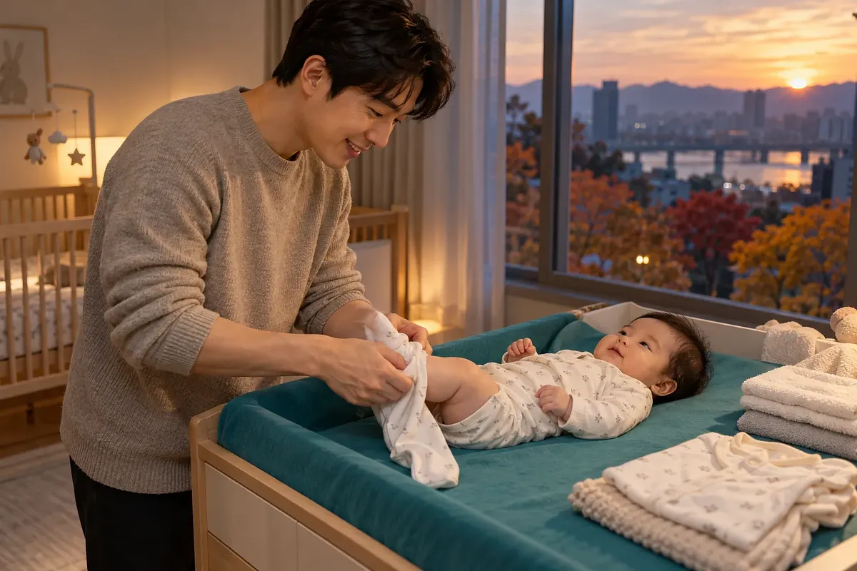 夕暮れの子ども部屋で、おむつ替えマットに寝た赤ちゃんにパジャマを着せる父親