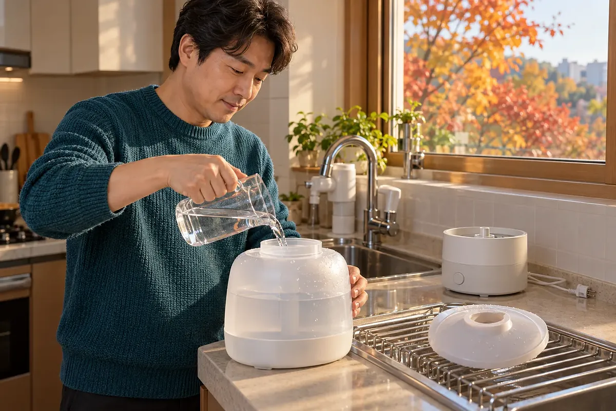 青緑色のセーターを着た男性が、台所のシンク脇で透明なピッチャーから加湿器のタンクに水を注いでいる。