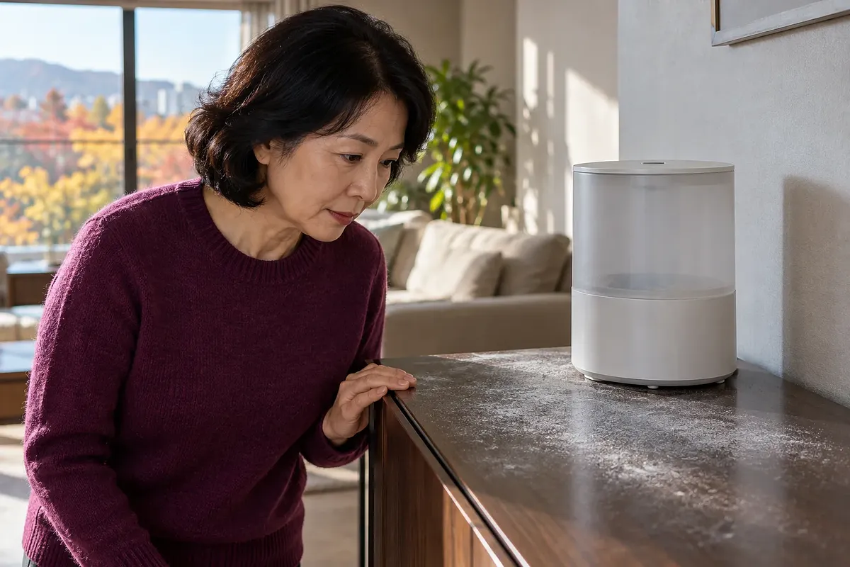 紫色のセーターを着た女性が、加湿器の横の濃い色の木製キャビネットに積もった白い粉を確かめている。