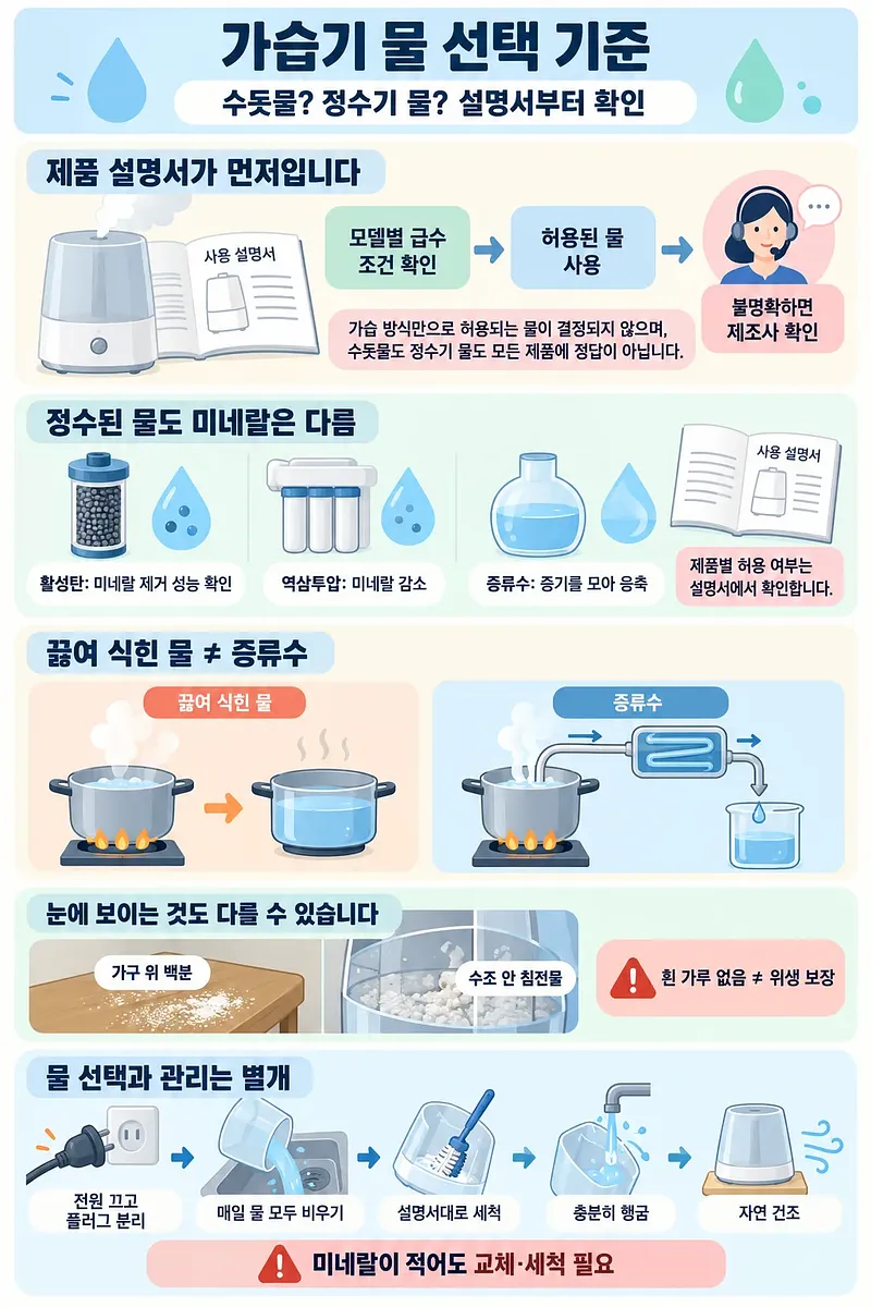 가습기용 물의 정수 방식, 끓여 식힌 물과 증류수의 차이, 물 교체와 세척 순서를 비교한 인포그래픽