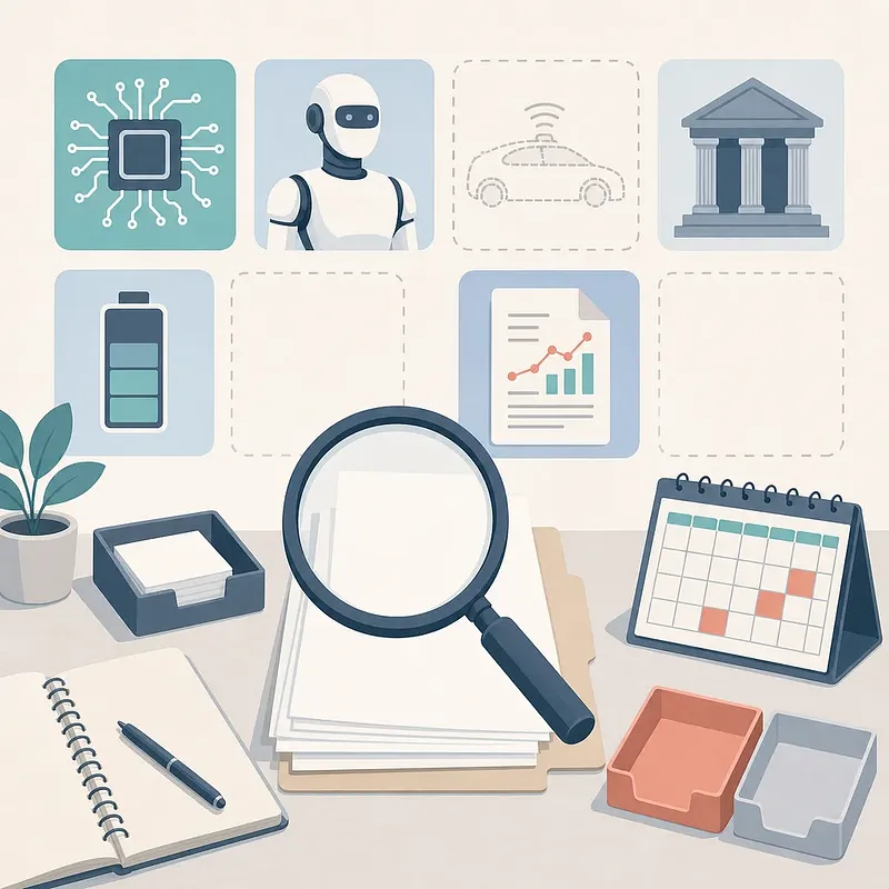 Desk with a magnifying glass over documents, a calendar, and icons for AI, robotics, and autonomous cars