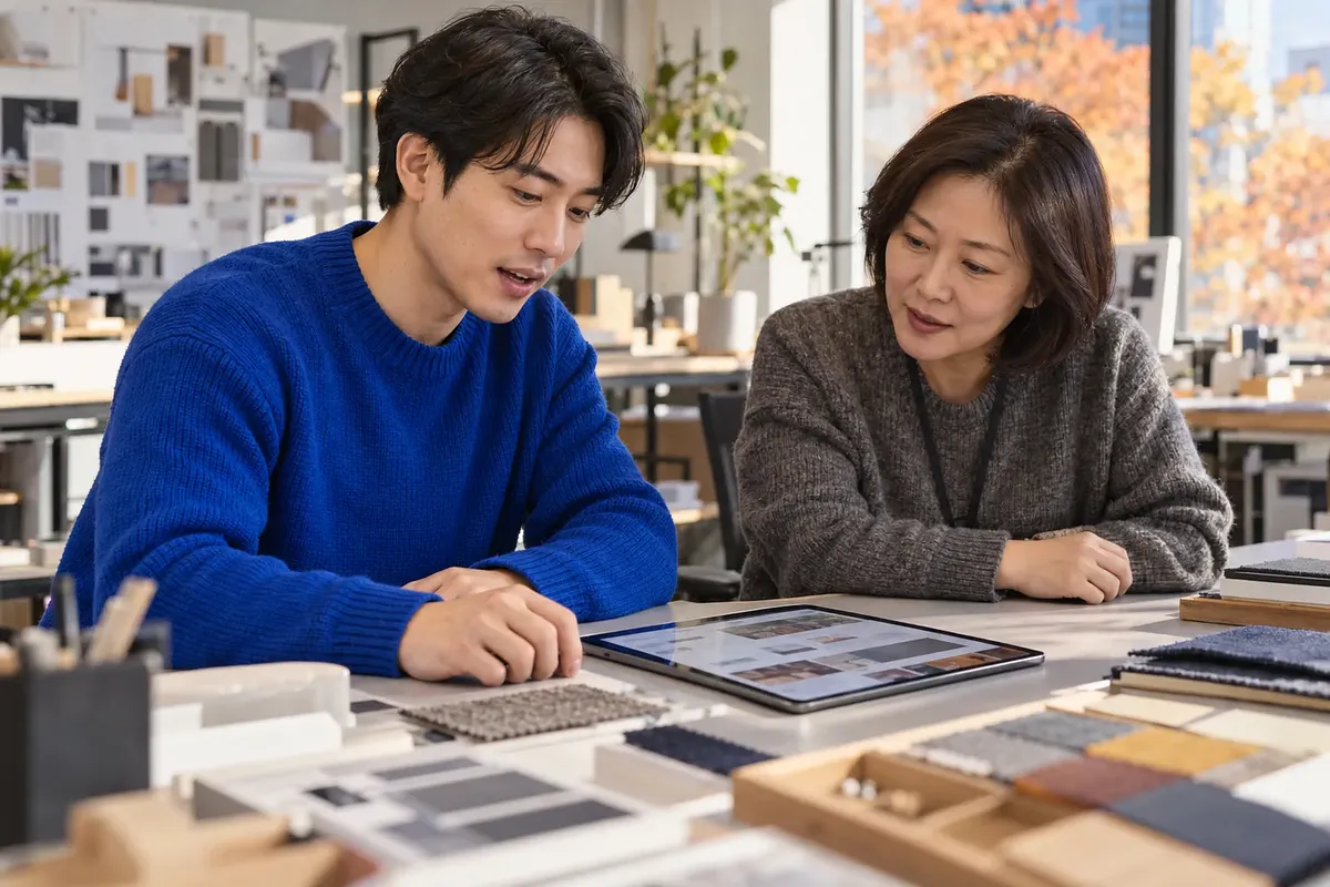 A man explains something on a tablet to a woman in a design studio with material samples on the table.