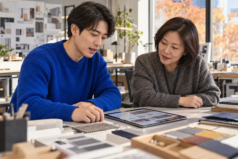 A man explains something on a tablet to a woman in a design studio with material samples on the table.