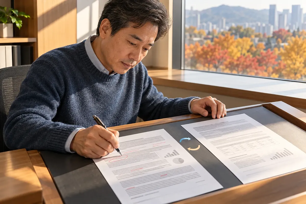 창가의 경사진 책상에서 옆 문서와 대조하며 보고서에 수정 표시를 하는 중년 남성