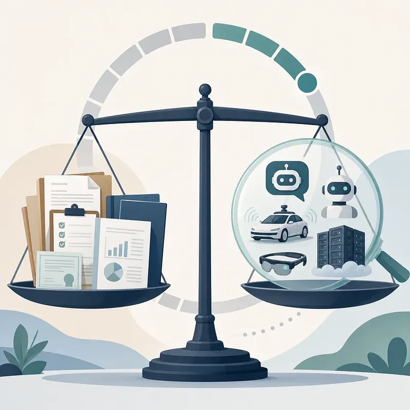 Balance scale weighing documents against AI, robotics and autonomous driving symbols under a magnifying glass