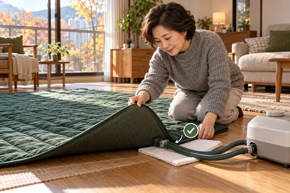 A woman lifts a green heated mat’s corner to inspect its underside and hose connection above a white towel.