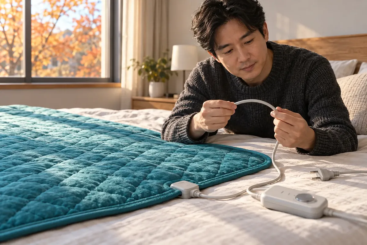 ベッドに広げた青緑色の電気敷き毛布のそばで、プラグを抜いたコードを点検する男性