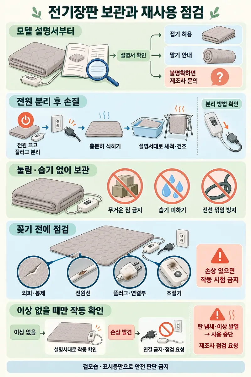 설명서 확인, 전원 분리와 세척·건조, 보관, 재사용 전 부품 점검을 안내하는 전기장판 관리 인포그래픽