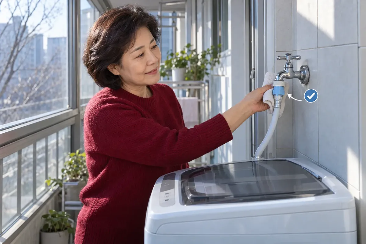 베란다의 일반형 세탁기 옆에서 여성이 수건을 대고 수도꼭지와 급수호스 연결부를 확인하는 모습