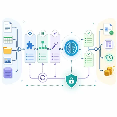 文書や表などのデータが安全なAI処理を経て成果物、時間短縮、収益につながるフロー図