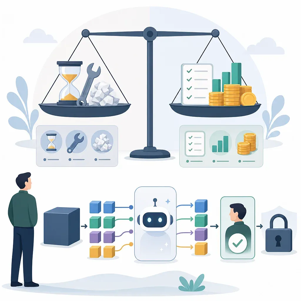 Scales weigh time and tools against results and profit above a person delegating tasks to AI