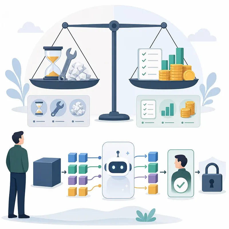 Scales weigh time and tools against results and profit above a person delegating tasks to AI