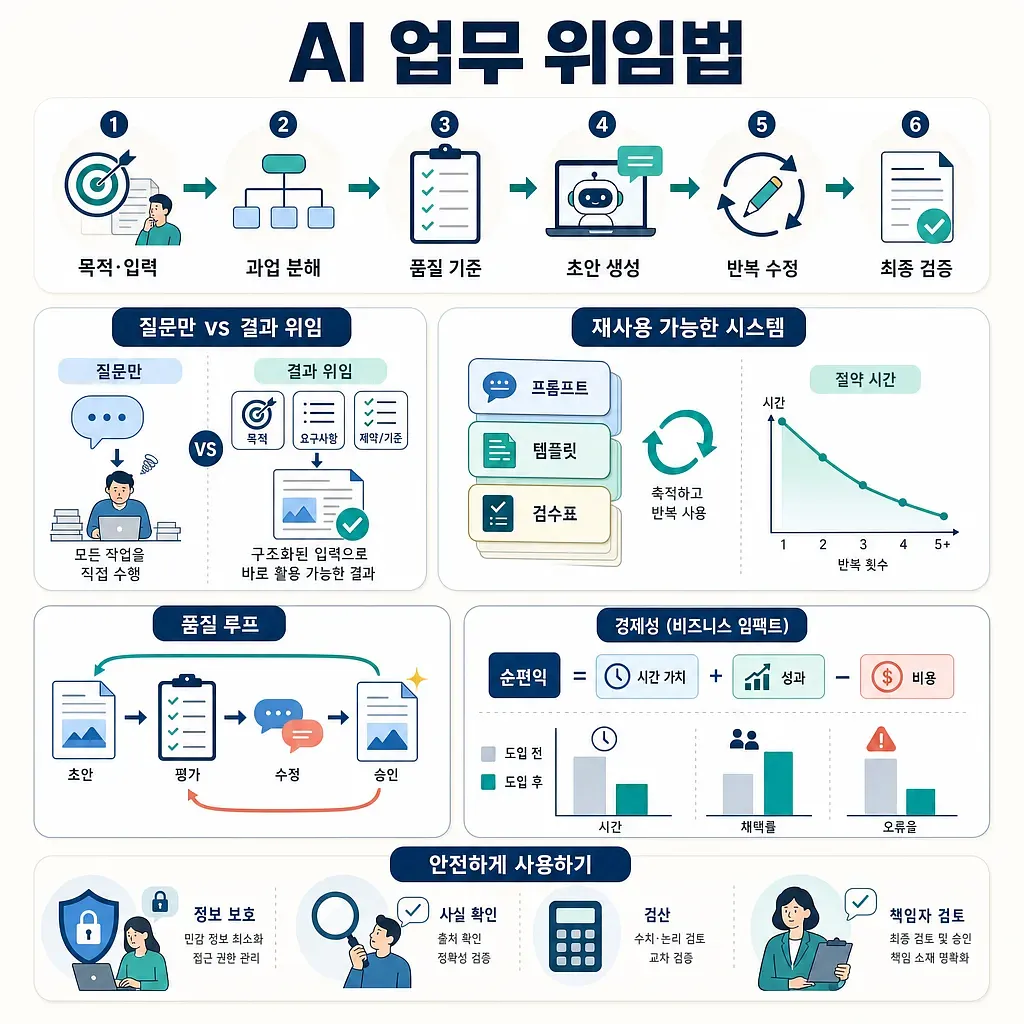 AI業務委任の6段階と成果委任、再利用システム、品質・経済性・安全の原則を示す図解