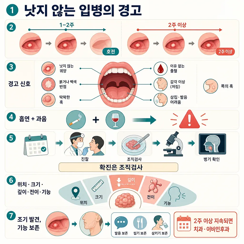 Infographic on warning signs of a mouth sore lasting over two weeks and oral cancer diagnosis