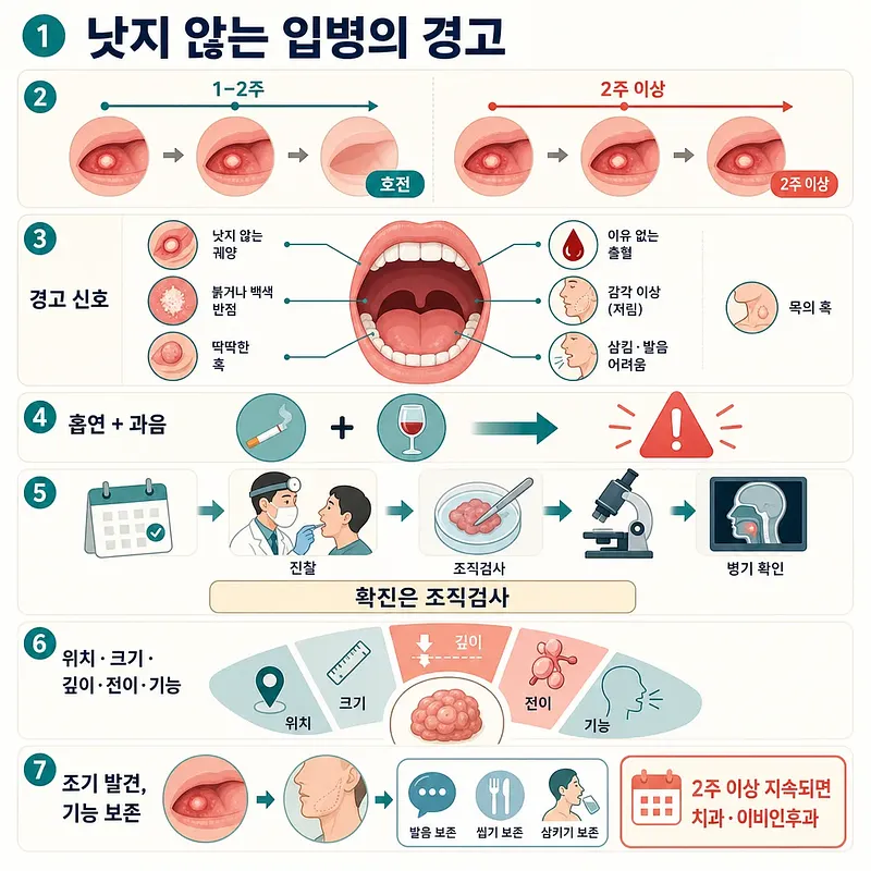Infografía sobre señales de una llaga bucal que dura más de dos semanas y diagnóstico de cáncer oral