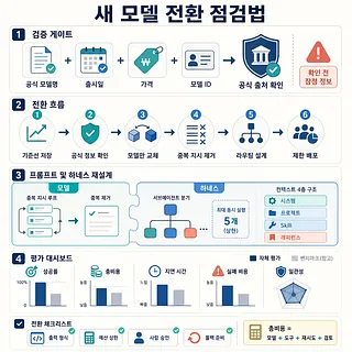 검증 게이트, 전환 흐름, 프롬프트·하네스 재설계, 평가 대시보드를 정리한 새 모델 전환 점검표